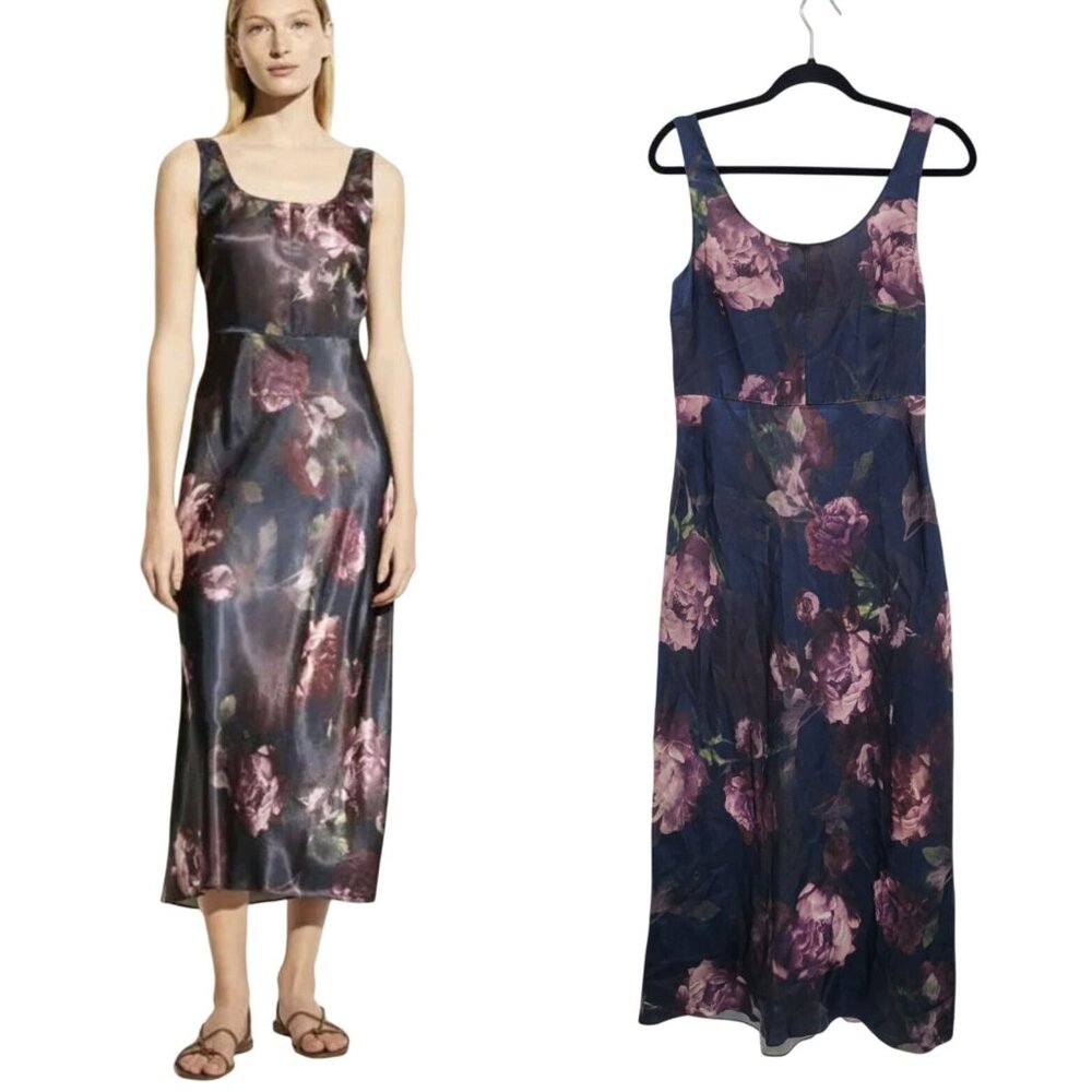 Vince Night Garden Print Satin Square‎ Neck Slip Maxi Dress Sz 4 Wedding Guest